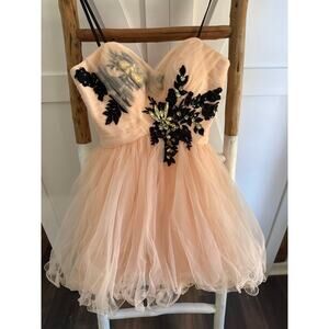 Bee Darlin strapless peach tulle mini dress black embroidered sequin jeweled 3/4